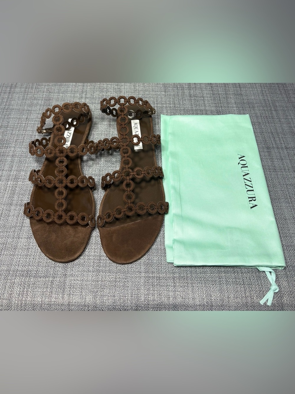 Aquazurra Women’s Infinity Chain Sandals Flat Esspresso Suede Size EU 37.5 - Picture 7 of 9